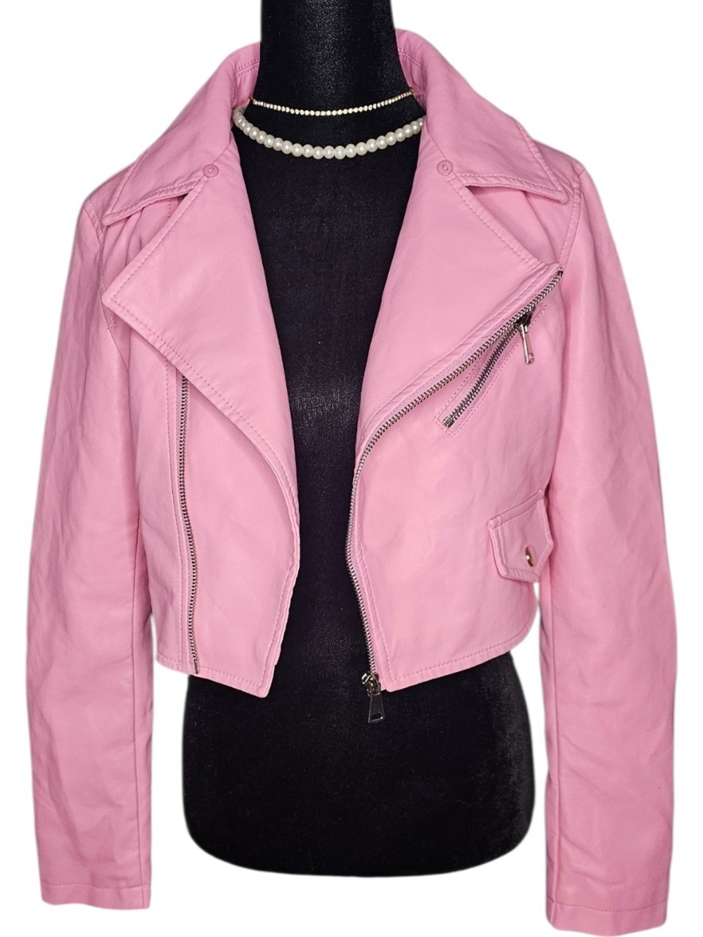 Y2K Bubblegum Pink Cropped Faux Leather Biker Jacket - Size S